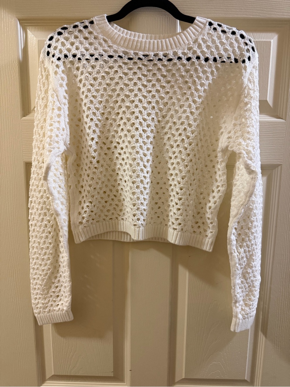LNA White Open-Knit Cropped Crewneck Sweater